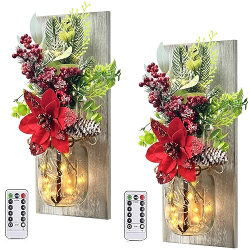 Image of Mason Jars Sconce Decor Rustic Wall Sconces Handmade Wall Art Hanging Design with Remote Control LED Fairy Lights and Red Berry, Xmas Farmhouse Wall Home Decor Living Room Lights Set of Two