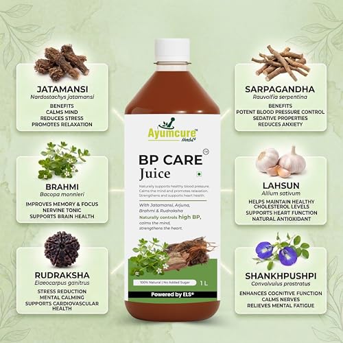 Image of Ayumcure BP CARE Juice | Ayurvedic way to manage High Blood Pressure | Jatamansi , Arjuna , Brahmi , Rudraksha | Helps in BP Levels, Tension and Sleep Quality | For Men & Women | Sugar Free | 1L ( Pack of 2 )