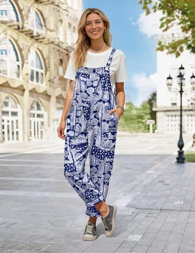 Image of YESNO Women's Overalls Cotton Boho Casual Floral Bib Jumpsuit Baggy Adjustable Strap Romper with Pockets PVV