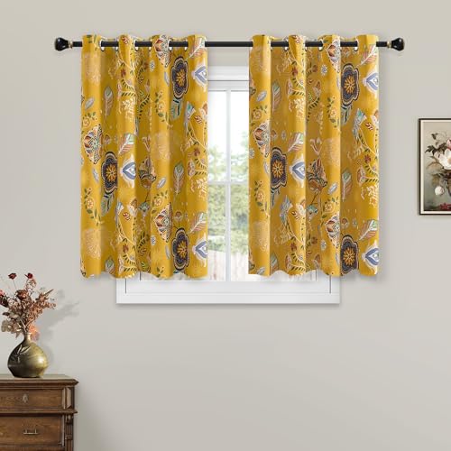 Image of Kitchen Curtains 45 Inch Mustard Yellow Vintage Floral Blackout Curtains