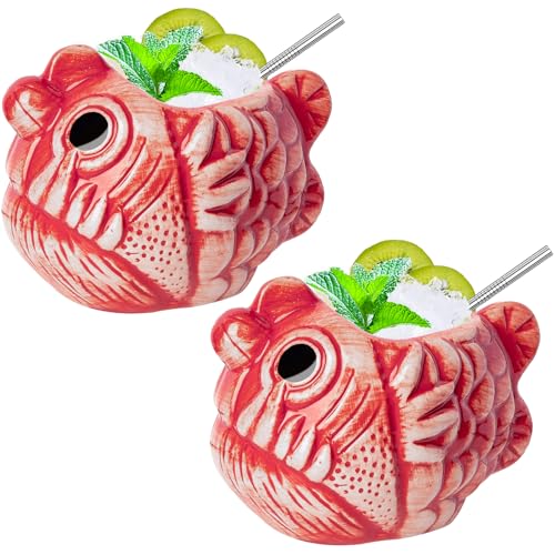 Tiki-Tassen-Set Fische Hawaii-Party-Becher aus Keramik für Cocktails hochwertiges Tassen-Set mit 2 Tassen für exotische Party