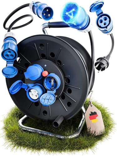 IntuiFlex Camping Kabeltrommel Set - CEE Kabel 25m auf Kabelrolle + 1,5m Anschlusskabel + CEE Adapter - Campingkabel H07RN-F 3G 2,5mm² Kabeltrommel Camping Wohnwagen Wohnmobil Zubehör IP44 Outdoor