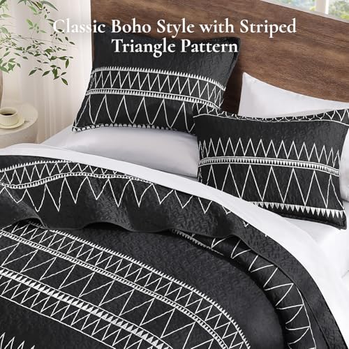 Image of Andency Black King Size Quilt Set, 3 Pieces Boho Lightweight Soft Striped Bedspread for All Season (106 inchx96 inch), Printed Bohemian Polyester Reversible Coverlet Comforter Sets