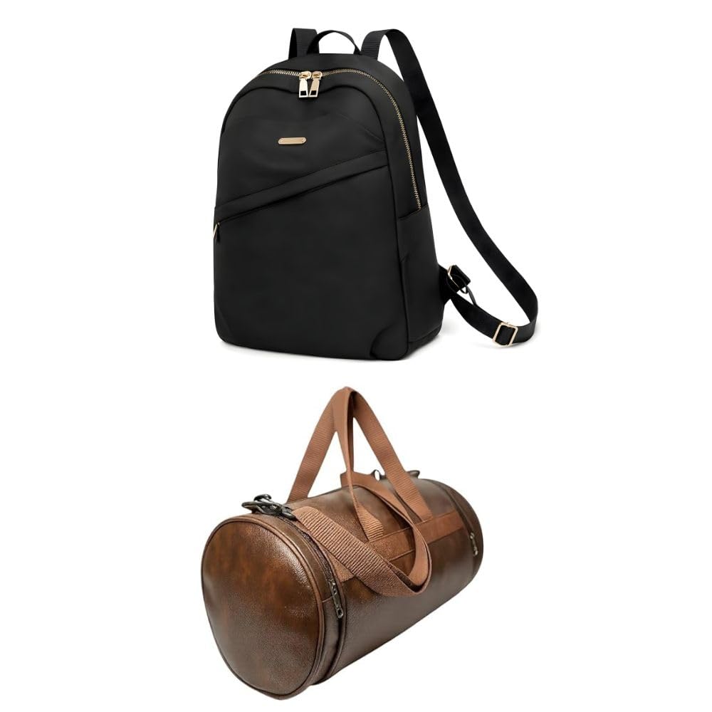Travel Combo Set for Men & Women – Black Backpack for Women & Brown Duffle Bag | Waterproof Faux Leather Gym, Office & Weekender Bags | Spacious Multi-Compartment Design-image-23