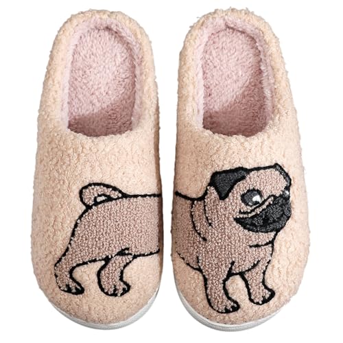 OJXTRDE Niedliche Mops Hausschuhe Frauen Männer Fuzzy Memory Foam Cartoon Tier Hausschuhe Neuheit Lustige Hund Hausschuhe Winter Warm Plüsch Hausschuhe