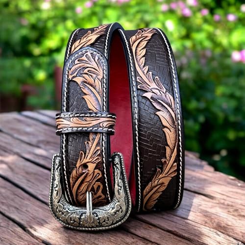 DANIEL'S ARTPLANET Western Leather Belt for Men Handmade Full Grain Cowboy Leather Belt 1.5” Wide Engraved Embossed Tooled2