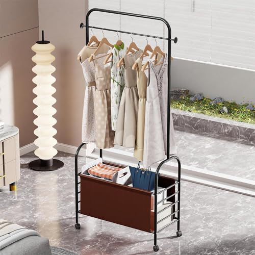 Image of Lukzer| MGR-009 | Black | Metal Clothes Rail Stand with 360 Rotating Wheels, 4 Side Hooks & Leather Storage Bin - Space-Saving Garment Organizer for Bedroom, Closet, Laundry & Dorm (171 x 75 x 35 cm)