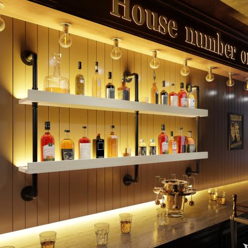 Image of Bar Shelves, Wall Mounted Wine Rack, White, 60 Inch | 2 Tier, Industrial, Solid pine shelves, black pipe brackets, 70 lbs per shelf, wine, liquor, bar decor, with LED light