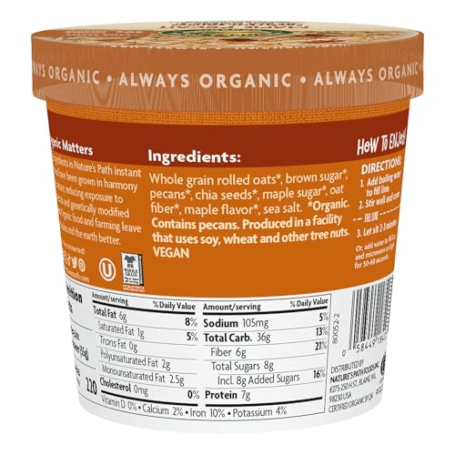 Nature'S Path LEPUSMGRYC11034 Organic Maple Pecan Instant Oatmeal Cup, 1.94 Ounce (Pack Of 12), Non-Gmo, 7G Plant Based Protein, With Omega-3 Rich Chia Seeds thumb #3