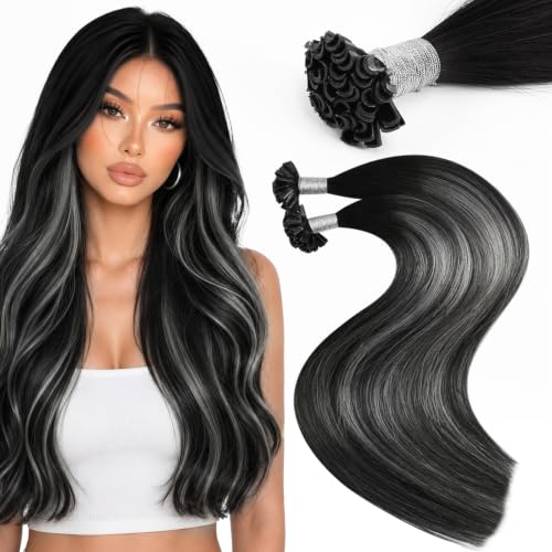 Moresoo U Tip Hair Extensions Human Hair, Black Silver Ombre, 22 Inch