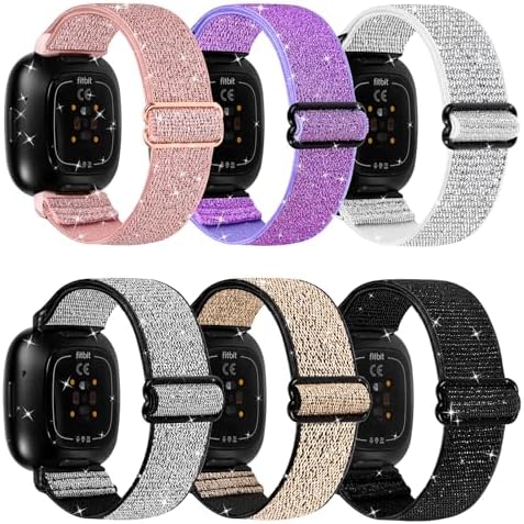 6 Pack Bands Compatible with Fitbit Versa 4/ Versa 3/ Sense 2/ Sense, Stretchy Nylon Solo Loop Sport Replacement Wristbands Straps for Fitbit Versa 3/4 Smart Watch Women Men