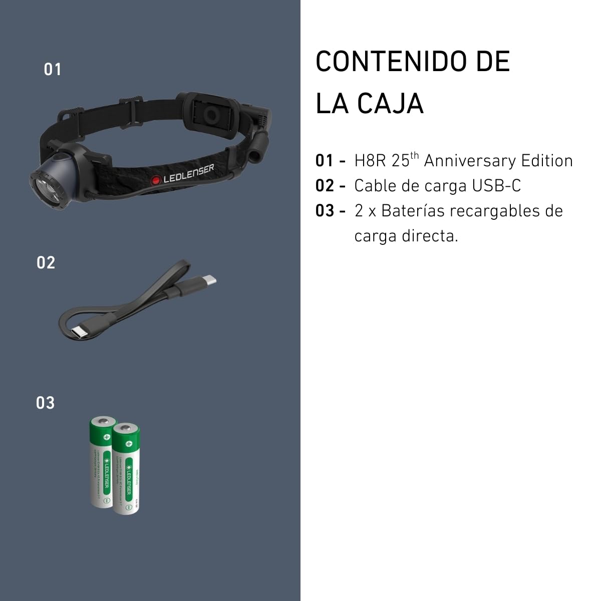 Ledlenser H8R Linterna Frontal Recargable, 600lm, Edición 25 Aniversario | Incluye batería adicional: doble autonomía, alcance 150 m, USB-C, luz roja trasera, IP54, para el trabajo, camping y pesca