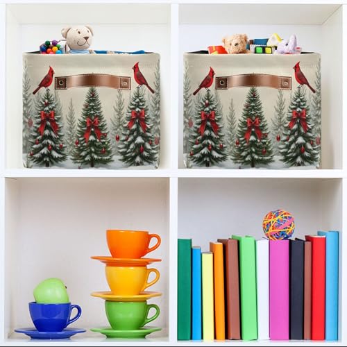 Image of Christmas Tree Cardinals Birds Storage Basket with Waterproof Liner and PU Handles Winter Xmas Tree Bow Storage Bins Boxes 14.2 inch Collapsible Decorative Organizer Baskets for Bedroom Office 2 Pack