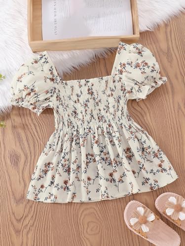 WDIRARA Girl's Floral Print Square Neck Puff Short Sleeve Ruffle Hem Blouse Boho Shirred Peplum Top2