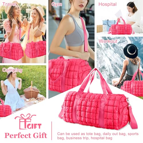 Image of Quilted Travel Duffle Bag Gym Bag for Women,Large Puffer Duffle Weekender Bag with Compartment,Workout Overnight Carry on Organizer Bag Duffle Bag for Airplane Travel(Rosered)