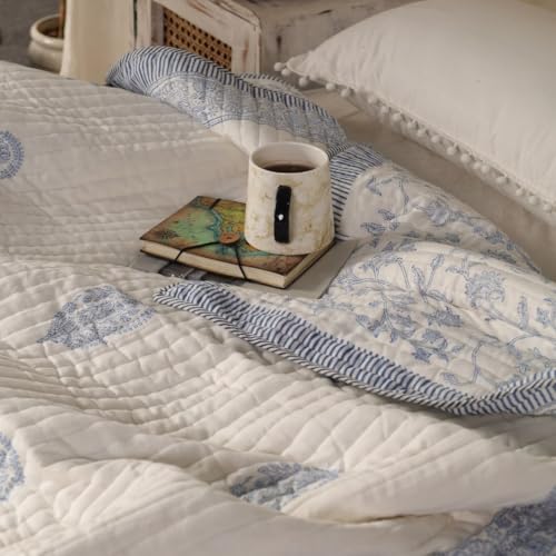 Image of Peepul Tree 100% Cotton Malmal AC Comforter 60 x 90 Inches, Best for Summers Lightweight, Soft, Breathable & Reversible AC Blanket for Single Bed, Off White & Blue