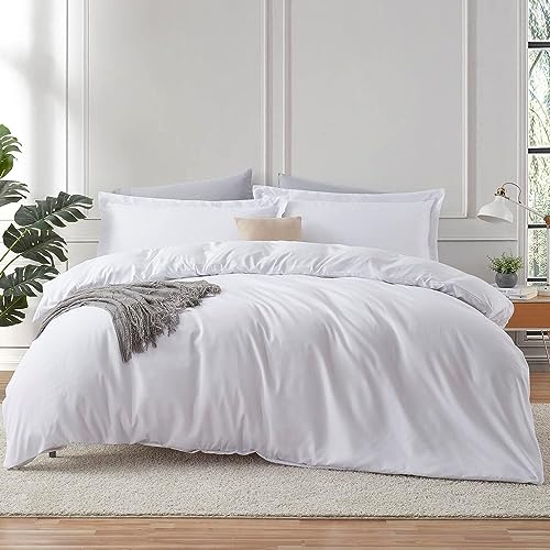 Image of Hearth & Harbor White Duvet Cover Queen Size - 3 Piece Queen Duvet Cover Set, Soft Double Brushed Queen Size Duvet Covers with Button Closure, 1 Duvet Cover 90x90 inches and 2 Pillow Shams