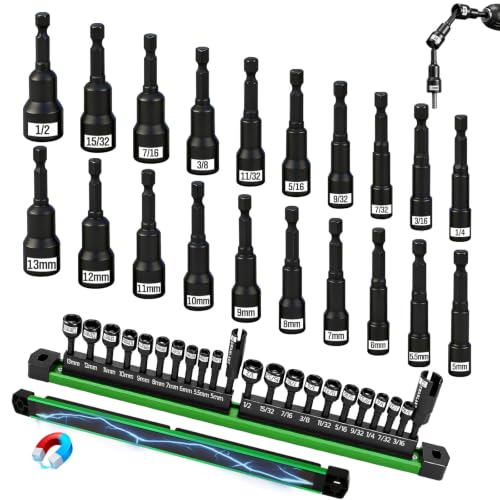Image of 22-Piece Magnetic Nut Driver Set, Metric & SAE (5-13mm & 3 /16 inch-1 /2 inch), 1 /4 inch Hex Shank Impact Bit Set, Wing Nut Driver Bits, Magnetic Aluminum Storage Rail