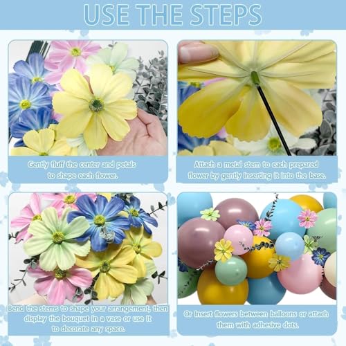 Image of Blue Green Pink Balloon Arch with Cosmos Kelsang Flowers Double Stuffed Pastel Green Purple Yellow Beige Balloons for Wildflower Baby Shower Easter Spring Tea Gender Reveal Bridal Party Decor