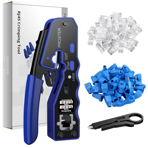 Proster Herramienta de Crimpado RJ45 CAT6 CAT5 CAT5e 8P Crimpadora RJ45 Pelacables Cortadora Multifuncion Alicates Compacto Grimpadora RJ45 con 50 Pcs Conectores de Paso CAT6 y 50pcs Cubiertas