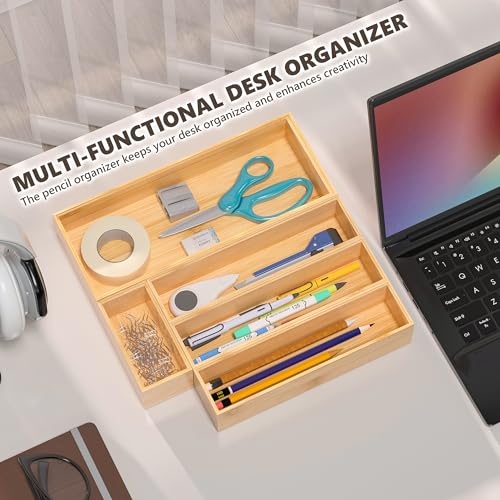 Greatseas Kitchen Drawer Organizer Bins, Stackable Bamboo Drawer Organizer for Silverware, Utensils, Cutlery, Flatware, Deep Drawer Organizers for Junk Drawer, Dresser, Bathroom, 12" x 3" x 2.5"