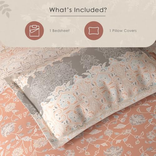 Image of Spaces Fiora Ornate Single Bedsheet with 1 Pillow Covers | 100% Cotton Bed Sheet | Percale Bedding Set | Super Soft & Breathable Bedsheet | Light Blush | 152 x 228 Cm