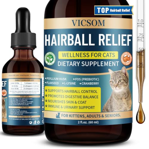 VICSOM Hairball Treatment for Cats Cat Hairball Remedy for Cats Natural Eliminate and Prevent Hairball Furball Control Skin & Coat Care Digestive Immune & Urinary Support 60ml with Psyllium Husk