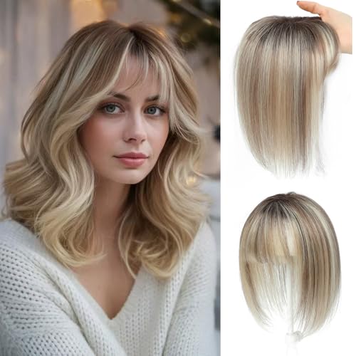 GULALUUK Hair Toppers for Women Real Human Hair with Bangs 10 Inch Upgrade Swiss Lace Base Toppers Hairpieces with Thinning for Daily Wear (Ombre Light Brown with Blond Highlight