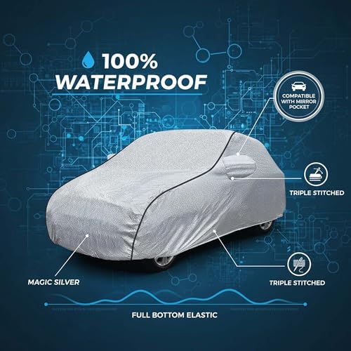 Image of Sulfar 100% Waterproof Car Body Cover Compatible with Mirror for Kia Syros (Triple Stitched, Full Bottom Elastic, Magic Silver with Black Piping)