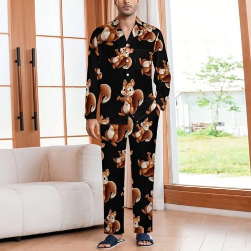 Cute Chipmunk Mens Pajama Set Long Sleeve Sleepwear Button Down Pjs Set Two-piece Pjs2