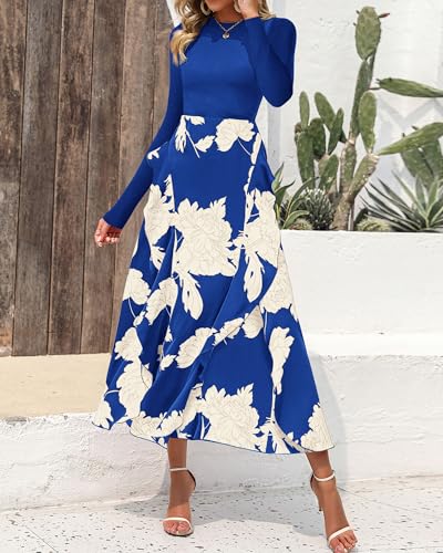 Image of BTFBM Womens Floral Maxi Dress Fall 2025 Casual Crewneck Long Sleeve Ruffle Flowy Cocktail Wedding Guest Dresses