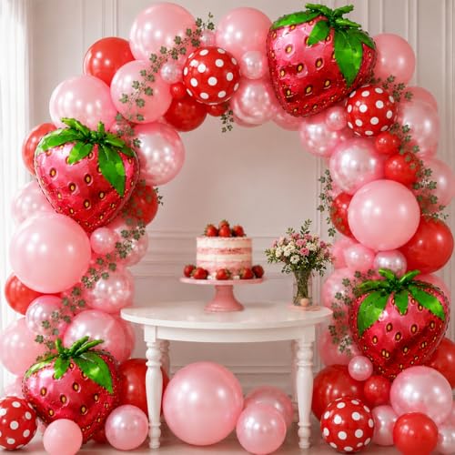 Strawberry Balloons Arch Kit - 107 Pcs Party Decorations with 18 Inch Foil Balloons, Red Polka Dot & Hot Pink Pearl Balloons for Berry First Birthday Decor