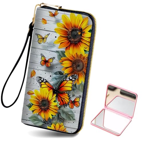 Women's Card Holder Wristlet Wallet, Convenient Travel Long Wallet with Strap and Pink Compact Mirror, Fashion and Sturdy Wristlet Long Purse for Women, Sunflowers Butterflies