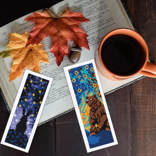 Image of BEUNITONE 6 Pcs Cross Stitch Bookmark Kit for Beginner Black Moon Animals Counted Cross Stitch Kit with Instruction Stamped Embroidery Bookmarks Handmade for DIY Crafts Book Lovers 8.5''x3''