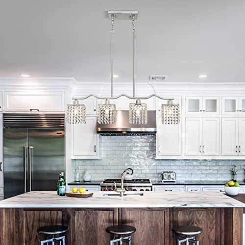 Image of WUZUPS Crystal Chandelier 4-Light Linear Raindrop Pendant Ceiling Light Modern Lighting Fixture for Bedroom Dinning Room Bar Kitchen Island, H8.7'' W4.7'' L30.5, E12 Base, Nickel