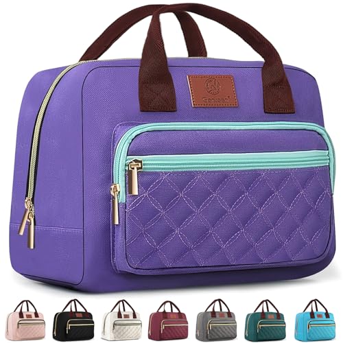 Insulated Lunch box for Women,Leakproof Quilted Thermal Lunch Bag, 14L Large Capacity Lunch Tote Bag Lightweight LunchBox Cooler for Work, School, Picnic or Travel with 2 Front Pocket -Purple