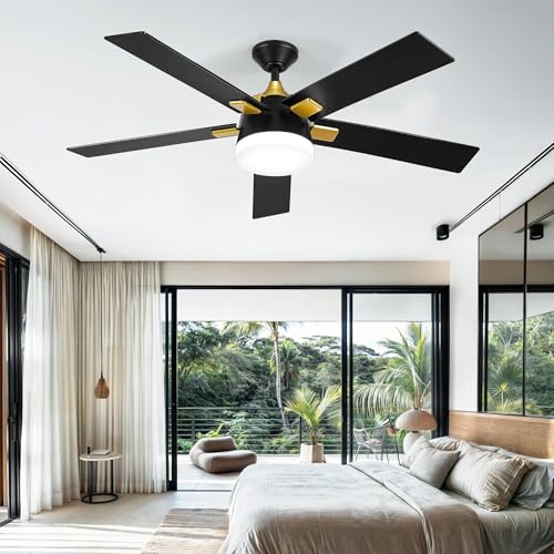 DWVO 5 Blade Ceiling Fan with Light and Remote, 52 Inch Modern Black and Gold Ceiling Fan, 6-Speed Quiet DC Motor, LED Tri-Color Temperature, Memory Function for Bedroom, Living Room, Patio