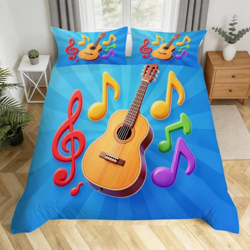 Funda Nordico Cama 90 Notas Musicales de Dibujos Animados Funda de Edredón Guitarra Funda Nordica Microfibra Una Transpirable Agradable Fundas Nórdicas 150x200 con 2 Fundas de Almohada H.1619