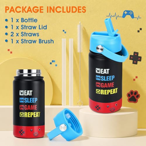 Image of Kids Insulated Water Bottle with Straw Lid, 14oz Double Wall Vacuum Stainless Steel Tumbler, Leak Proof Reusable Metal School Cup for Boys Girls, Keep Cold 24H Hot 12H (Blue-Red-EAT)