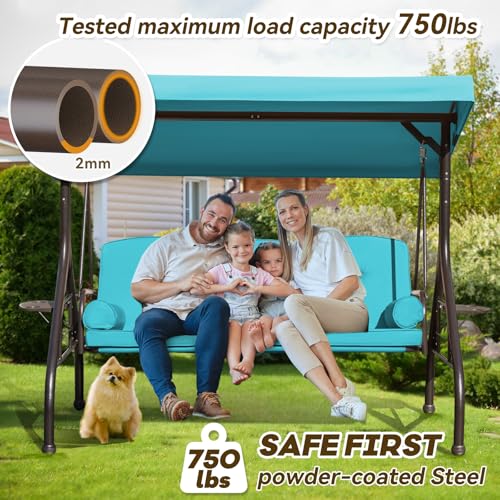 Image of 3 in 1 Outdoor Porch Swing with Adjustable Canopy, 3 Seat Outdoor Swing for Adults, Patio Swing Chair with Thickened Cushions,Pillows & Cup Holders for Backyard, Porch, Garden (Lake Blue)