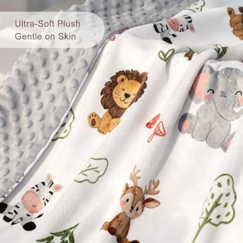 Image of HOMRITAR Animals Baby Blanket for Boys Girls Double Layer Dotted Backing | Soft Cozy Throw Blanket with Woodland Elephant Lion Print for Infant Toddler Nursery Crib Stroller Shower Gift 30 x 40 Inch