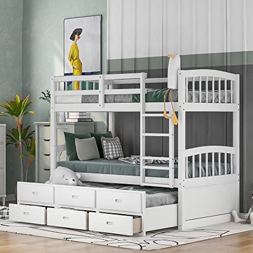 Harper&Bright Designs Twin Over Twin Bunk Bed with Safety Rail, Ladder, White Twin Trundle Bed with 3 Drawers for Kids, Teens Bedroom, Guest Room Furniture