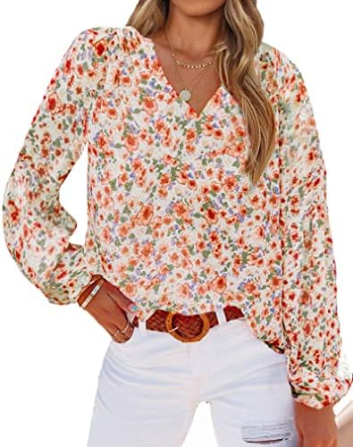 BTFBM Women Casual Boho Floral Blouse Shirts V Neck Long Puff Sleeve Lightweight Chiffon Spring Summer Fashion 2023 Tops