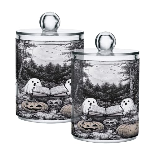 xigua 4 Pack Ghosts Qtip Holder Dispenser with Lids 14 oz Bathroom Storage Organizer Set,Clear Apothecary Jars Food Storage Containers for Tea,Coffee,Cotton Ball,Cotton Swab,Floss