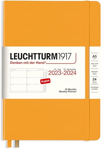 LEUCHTTURM1917 - Agenda semanal de 18 meses de tapa dura mediana A5, julio de 2023 - diciembre de 2024, inglés, tapa dura, sol naciente