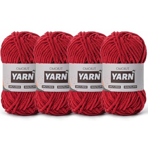 Image of 4 Packs Plush Chenille Chunky Crochet Yarn - Baby Yarn for Crocheting Soft - Velvet Yarns Knitting for Blankets Crafts - Fluffy Amigurumi Yarns 200g /262.5yds (4 Burgundy)