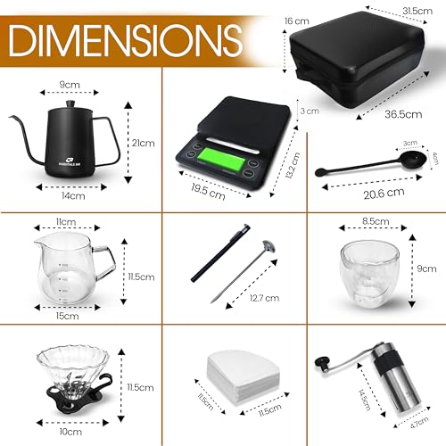 Image of V60 Pour Over Coffee Maker Set - Portable Coffee Kit 9Pcs with V60 Kettle, Digital Scale, Double Walled Mug, Glass Server, Manual Grinder, Glass Dipper, 100 Paper Filters & Coffee Scoop