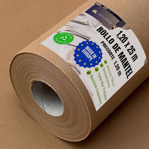 NATUARTE, Rollo de Mantel, 1.20 m x 25 m, Mantel Desechable, Tejido No Tejido Similar a la Tela, Reutilizable, Mantel en Rollo Celebraciones Fiestas Cumpleaños, Color Beige 1,20X25m