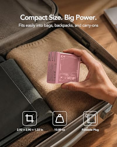 Image of Mfish E-Rhino 140W USB-C Charger, True PD 3.1 GaN Fast Charger, 4-Port (3 USB-C + 1 USB-A) Foldable Plug Power Adapter for MacBook Pro 16 inch, iPhone 17 /16, iPad, Galaxy, Tablet, Laptop, Pink