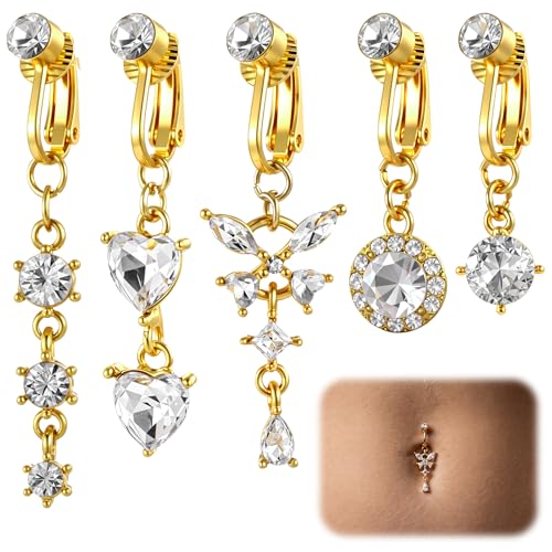 Josojoou 5 Pcs Fake Bauchnabelpiercing Clip Mit Zirkonia Goldene Fake-Bauchnabel Piercings Clip-On-Bauchnabelringe Frauen Bauchnabelpiercings Ohne Piercing